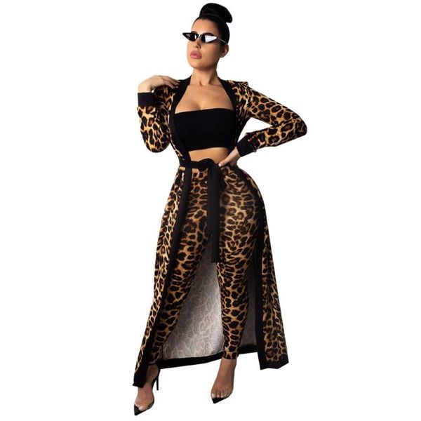 

women's two piece pants casual leopard print women set long sleeve o neck coat with bandage vintage suit female, White