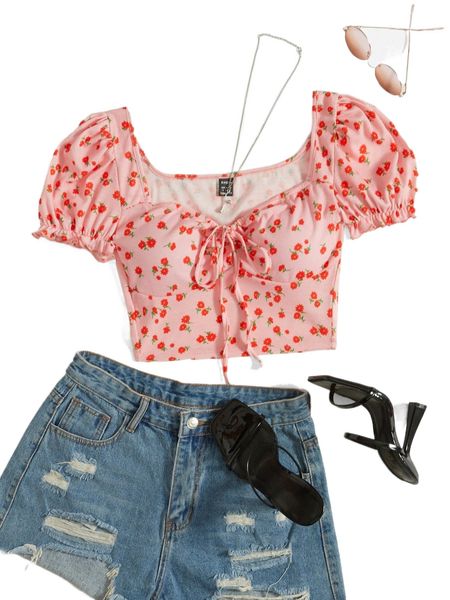 

puff sleeve tie front ditsy floral m9tz#, White