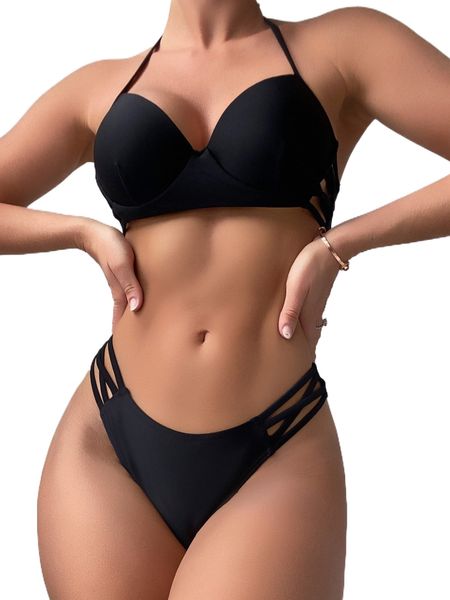 

solid cross push up bikini swimsuit j2u4#, White;black