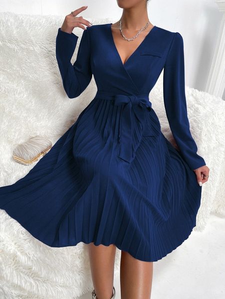 

surplice neck pleated hem belted dress s9kt#, Black;gray