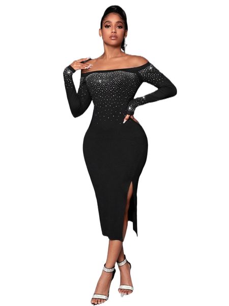 

sxy off shoulder rhinestone split thigh bodycon dress 782i#, Black;gray