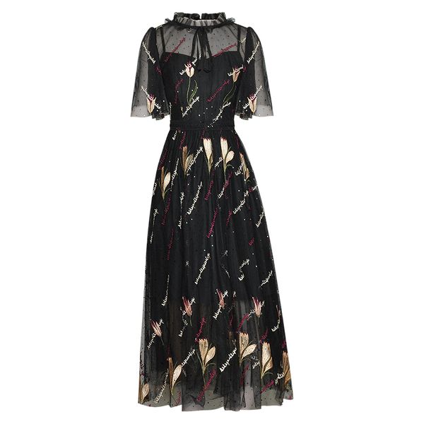 

luxury embroidery short ruffled sleeve perspective black dresses female designer 2022 party vestidos robe femme