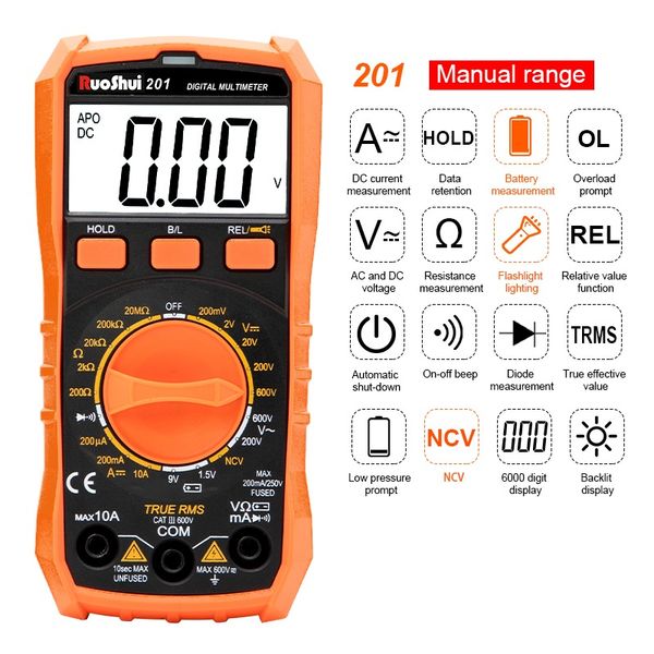 VICTOR Digitalmultimeter AC DC, manuelle Bereichswahl, 1000 V, 20 Ampere, Ruoshui 201 – Untermarke Victor