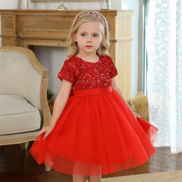 Vestido de menina vermelha Festa de aniversário infantil roupas para crianças princesas lantejas de lantejoulas de baile de formatura de flores de flores es 220426