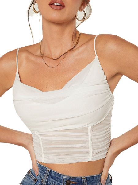 

draped ruched crop mesh cami y9gt#, White