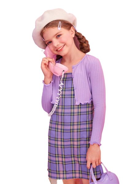 

girls tartan print cami dress & lettuce trim button front h0cj#, Black;white