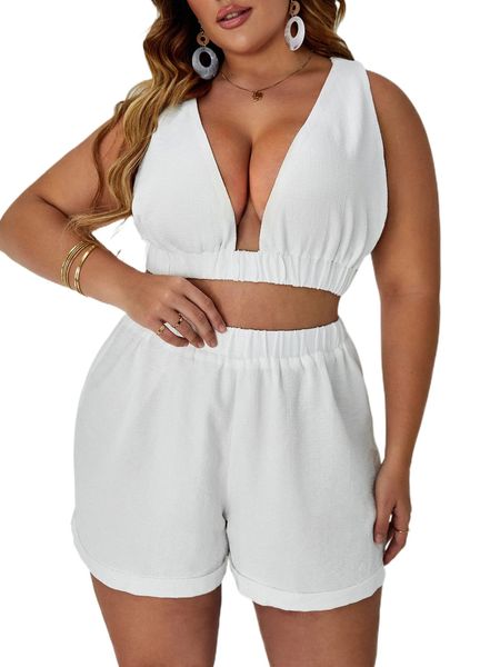 

plus solid crop cami & shorts s6qo#, Black
