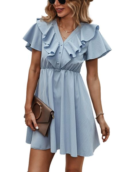 

ruffle trim butterfly sleeve dress 90rf#, Black;gray