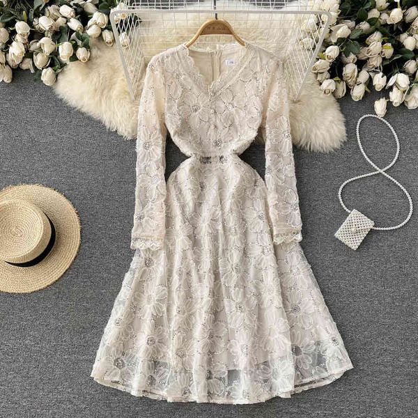 

casual dresses 2022 autumn and winter lace medium long white a-line female v-neck sleeve with bottomed dress aukk, Black;gray