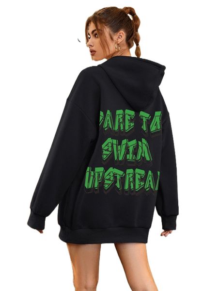 

slogan graphic drop shoulder drawstring hoodie b5b5#, Black