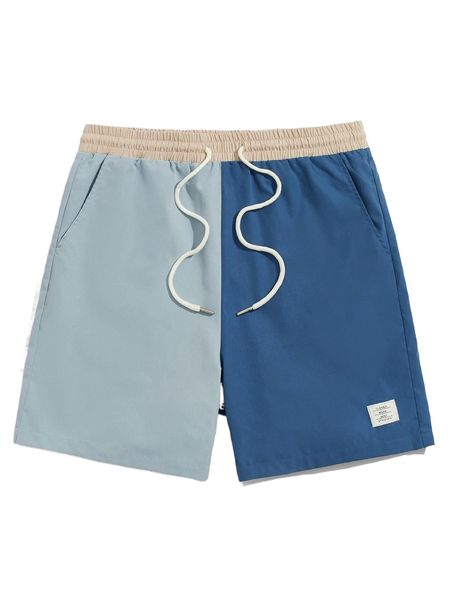 

men drawstring waist patched detail colorblock shorts c6o8#, White;black