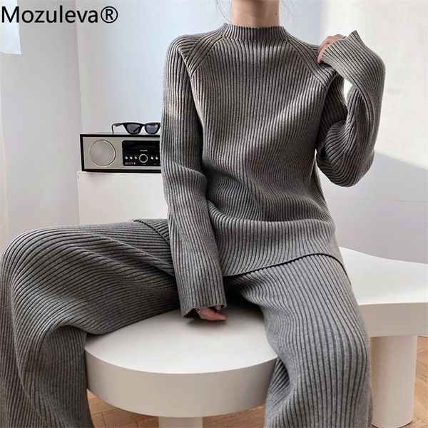 

mozuleva women autumn winter thick knitted 2 piece set turtleneck sweater loose elastic waist pants tracksuit 220315, White