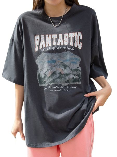 

dazy letter & mountain print drop shoulder oversized tee 29wc#, White