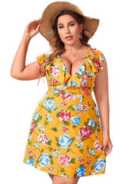 

plus floral ruffle trim dress g2u3#, Black