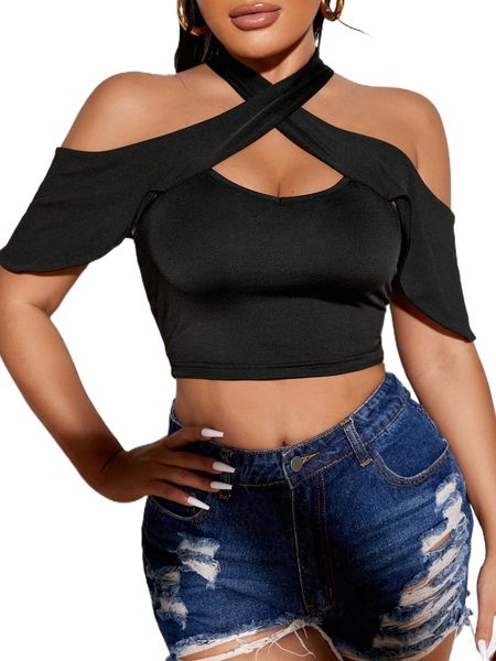 

sxy cold shoulder tie back crop g47q#, White
