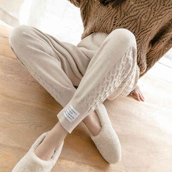 

qoerlin high waist harem pants women autumn winter twist wool knitted anklelength trouser elastic waist laceup pants womens 210412, Black;white