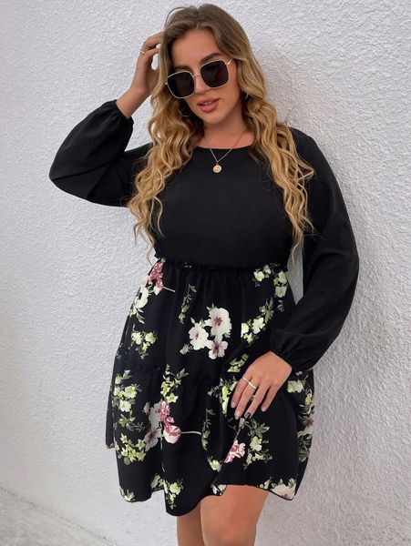 

plus floral a-line dress y8es#, Black