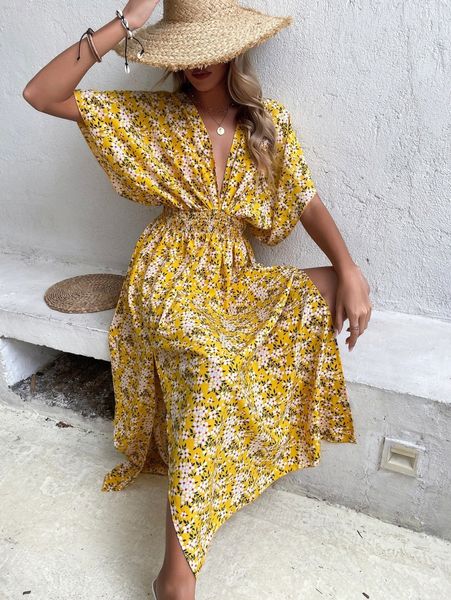 

allover floral print shirred waist tie back a-line dress s3ay#, Black;gray