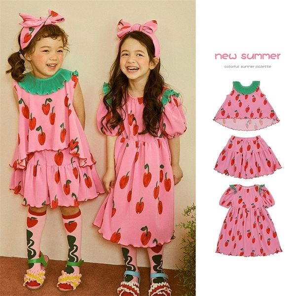 

korean child girls shirt short suit summer red printed princess dress childrens clothings for teenagers 220607, Blue