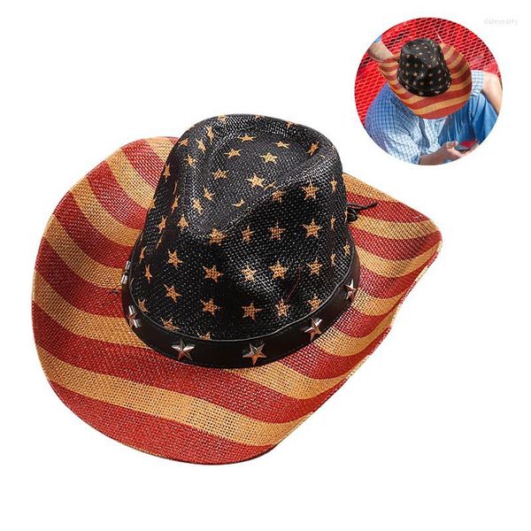 Berretti America Cappello da cowboy con stelle e strisce Uomo Sole patriottico Unisex Taglia per adulti Modellabile Bandiera americana scintillante In Berretti