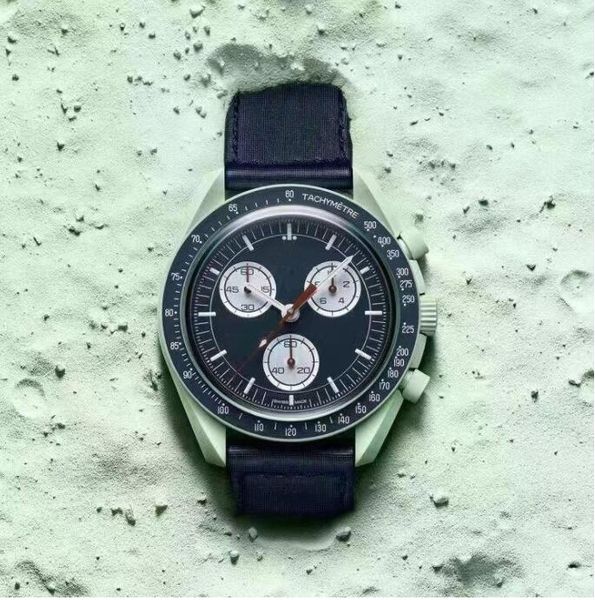 

bioceramic moonswatch swiss quqrtz chronograph mens watches so33g100 mission to earth 42mm real green ceramic blue dial nylon strap with box, Slivery;brown