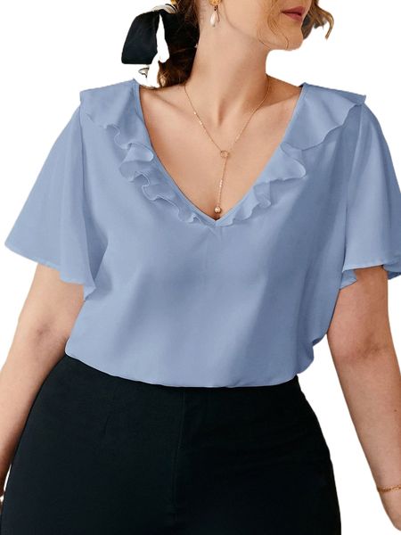 

plus solid ruffle trim v-neck s89r#, Black