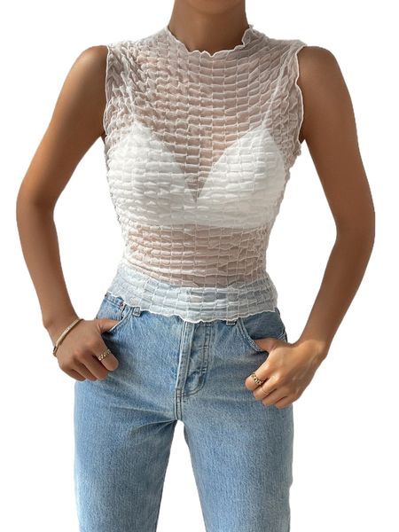 

1pc lettuce trim sheer tank h46s#, White