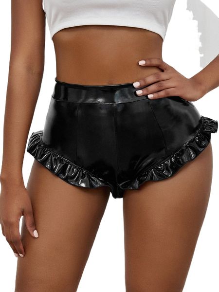 

ruffle trim pu shorts 95e5#, White;black