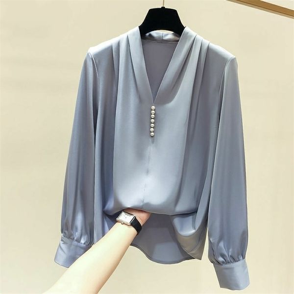 

womens spring autumn style chiffon blouses shirt womens rivet beads long sleeve solid color korean elegant dd9057 210401, White