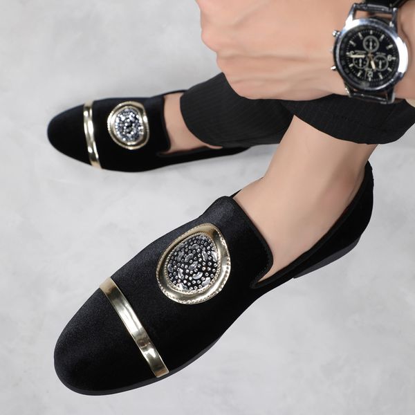 

Vintage Loafers Men Shoes Black Faux Suede Classic Rhinestone Slip-On Sneakers, Clear