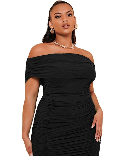 

bae plus off shoulder ruched mesh tee t5ge#, Black
