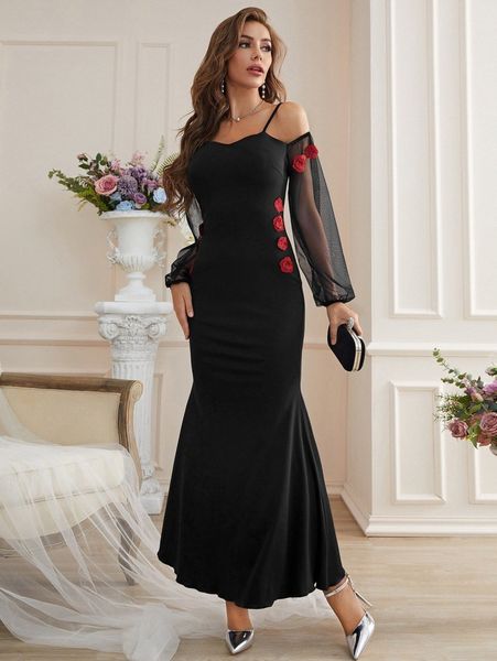 

contrast mesh cold shoulder floral appliques dress i7ye#, Black;gray