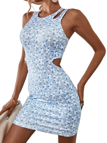 

allover floral print cut out dress c1cx#, Black;gray