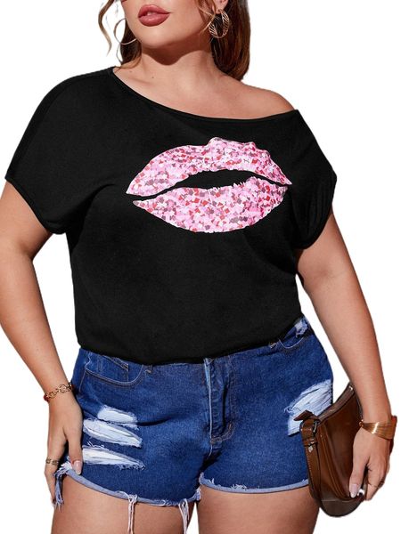 

plus lip print asymmetrical neck batwing sleeve tee 27jh#, Black