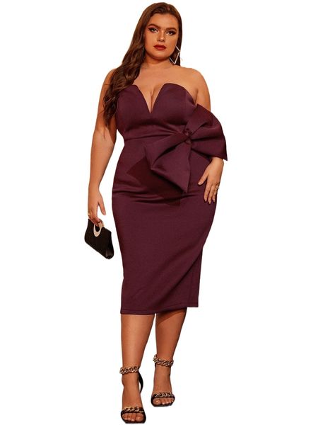 

love&lemonade plus big bow detail split hem tube dress 21lx#, Black