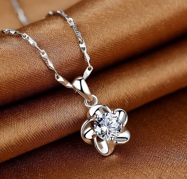 

fashion 925 silver plum blossom flower pendant with single zircon & link chain choker necklace for women