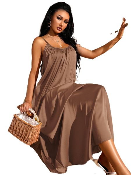 

solid backless satin cami dress k7pe#, Black;gray