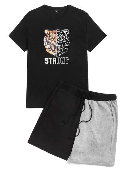 

men tiger & letter graphic tee & two tone shorts p7xo#, Gray