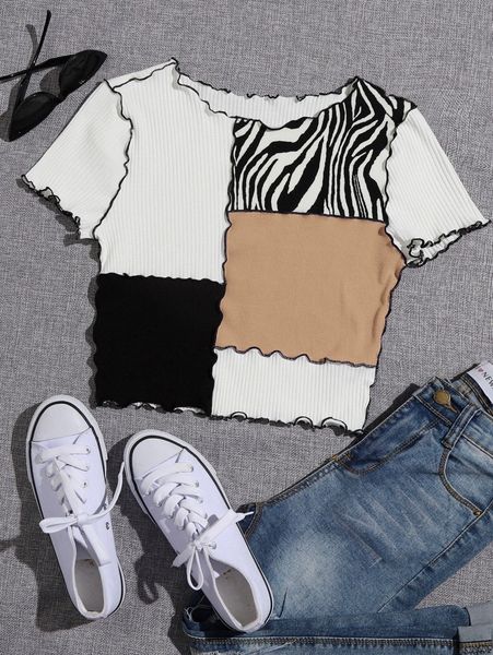 

zebra striped print seam front colorblock tee f6pv#, White