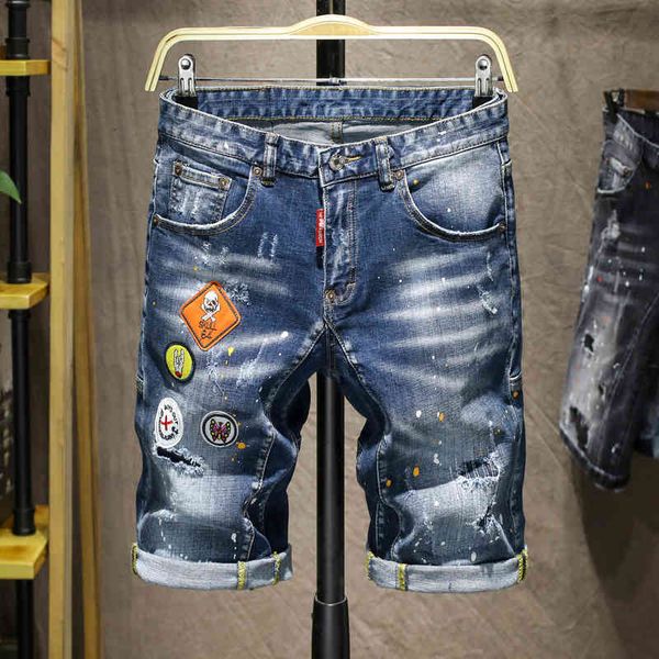 

men's jeans chaopai summer fashion hole breaking heavy craft monkey multi badge embroidery hand-painted point paint cowboy pants men od, Blue