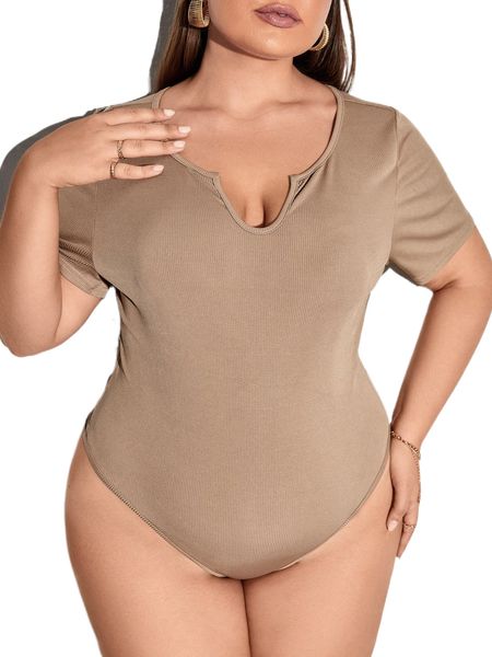 

plus ribbed knit notched neckline bodysuit w1ua#, Black