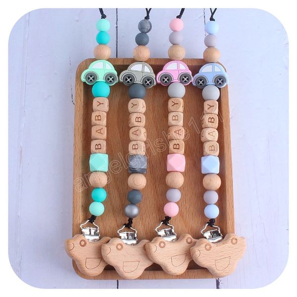 

pacifiers personalised name clip wooden beads teether holder chewing necklace pendant cartoon silicone car teething pacifier nipple