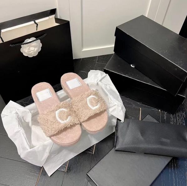 

fashion home flat bottom slipper fur slippers designer wool slides pink solid color womens winter plush warmth flip-flops sandals, Black