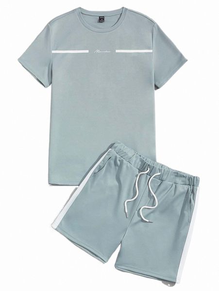 

men letter graphic tee & contrast side seam shorts x2kx#, Gray