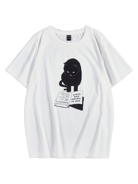 

x dvrkshines cat & book print tee g1zx#, White