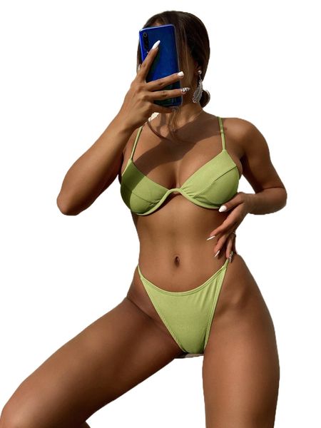 

plain rib cross back thong bikini swimsuit w7cm#, White;black