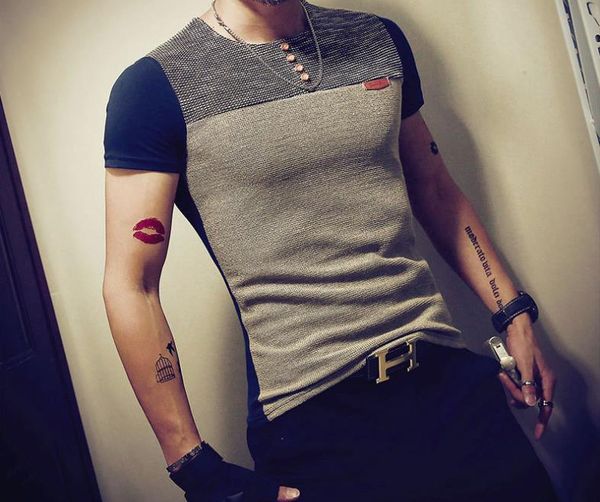 

summer fashion men's t shirt casual patchwork short sleeve clothing trend casual slim fit hip-hop tees, White;black