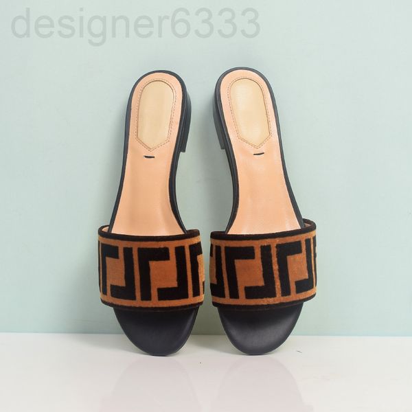 

quality brown ff zucca velvet slide sandals for women slippers flat slip on shoes flats sandal open toe luxury designers slides slipper nmm5, Black