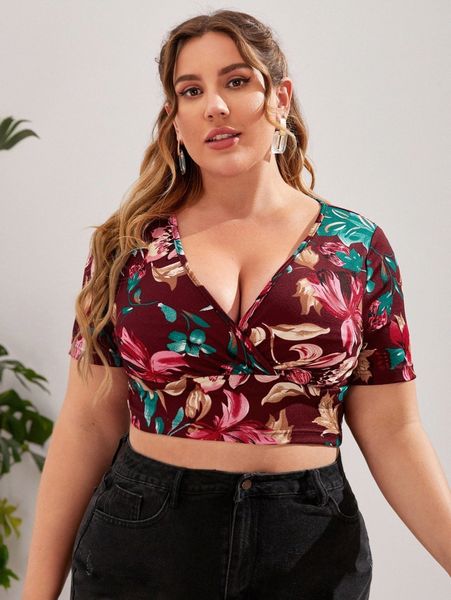 

plus floral print surplice crop tee j70a#, Black