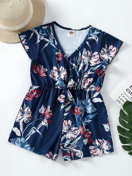 

toddler girls floral print knot waist romper she, Blue